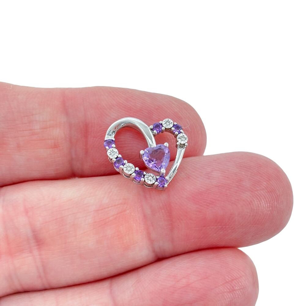 Vintage Sterling Silver 925 Amethyst Diamond Heart Pendant